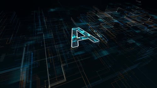 Blue particle Ai logo with grid line digital futuristic technology abstract background