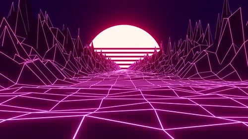 Retro Synthwave Wireframe Landscape Grid With Sunset