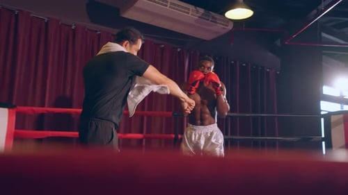Two young professional boxer having a competition tournament on stage.