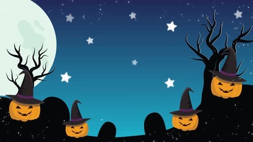 Animated Halloween Night Scene with Pumpkins and Witch Hats