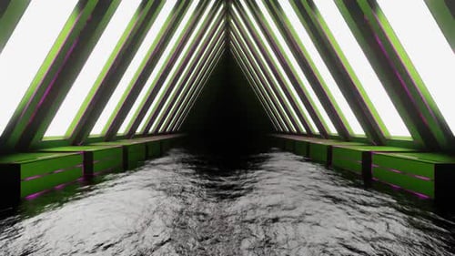 Green And Pink Neon Glowing Triangular Arch Tunnel Background Vj Loop In HD