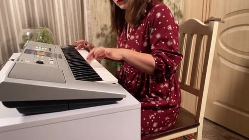 Woman Playing Electronic Keyboard in Home Setting