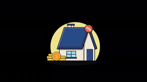 Animated Flat Design House Icon with Money and Percentage