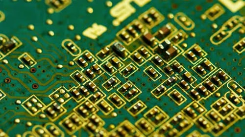 Green printed circuit motherboard components microchips CPU processor transistors semiconductors