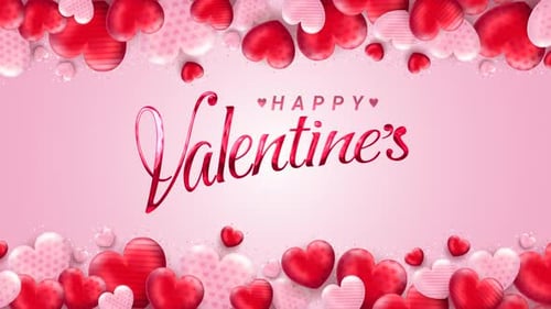 Happy valentines day greeting animation text, lettering with love ornament on pink background