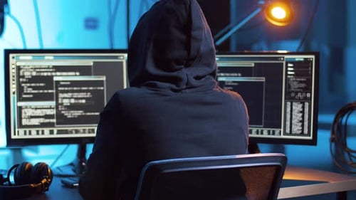 Anonymous hacker coding malware for cyber attack in dark room