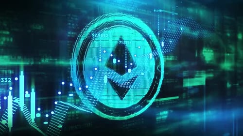 Futuristic Ethereum Cryptocurrency Logo with Digital Data Background Animation