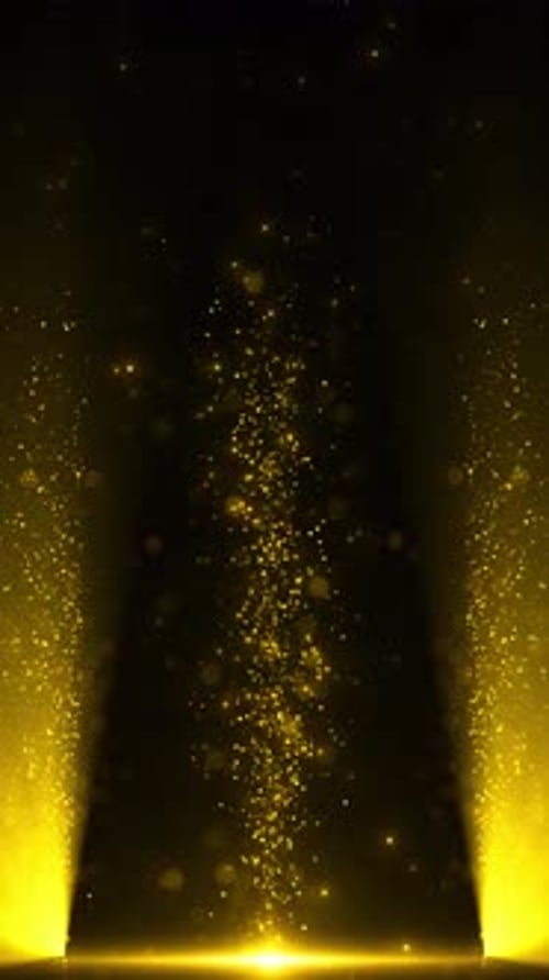 Golden Glitter Particles and Spotlight Beams Vertical Background