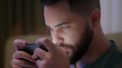 Close Up Caucasian Man Using Mobile Phone Smartphone Cellphone Gadget Online Play Internet Game