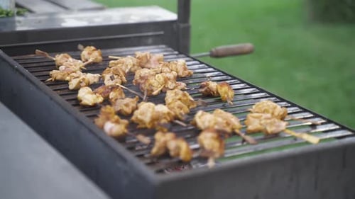 Slow motion shot of chicken skewers cooking on a bbq grill outdoors