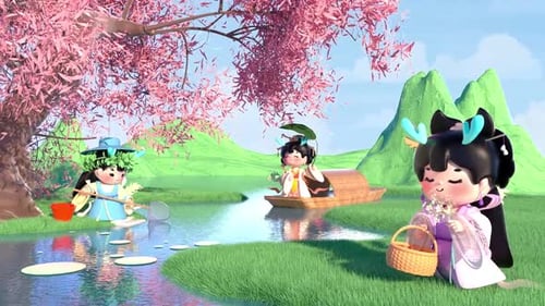 3D animation looking for fish in the river