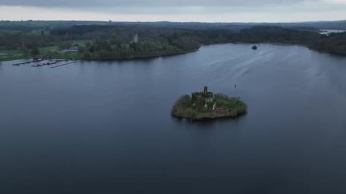 Aerial video of McDermott Castle in the evening, Ireland