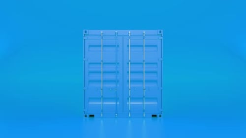 Blue shipping container opening doors on blue background