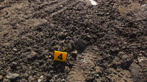 Foot or a boot print next to yellow crime scene police marker as evidence in muddy road, sunny day.