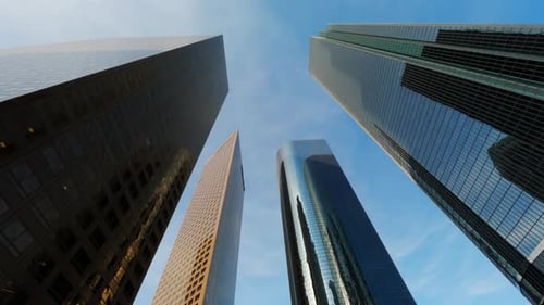 High rise skyscraper cityscape low angle. POV