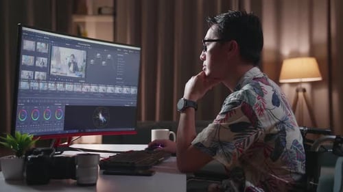 Adult Working on Computer, Wheelchair, in a Home