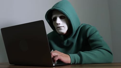 Hacker Typing on Laptop Wearing a White Mask