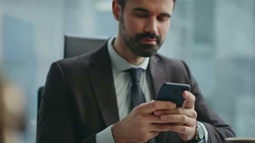 Positive Manager Messaging Telephone Sitting Office Closeup Worker Reading Sms