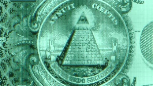 All Seeing Eye of the New World Order and Pyramid on Usa Dollar Banknote Conspiracy Theory Concept