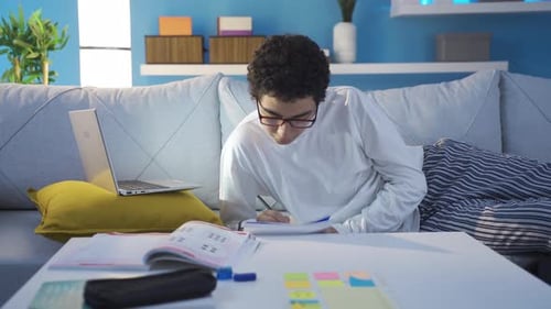 Young Adult Studying With Laptop at Home