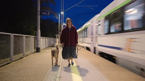 Young Woman with a Dog Walking Along Platform of Train Station While Passenger Train Passing By