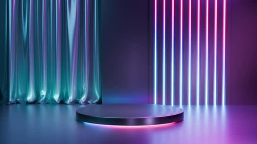 Podium for product display animation. satin fabric curtain, 3d render, realistic style