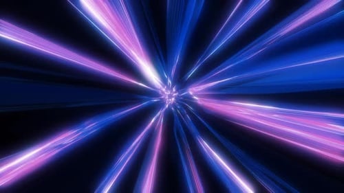 Energy hyper tunnel purple background with neon lights and stripes