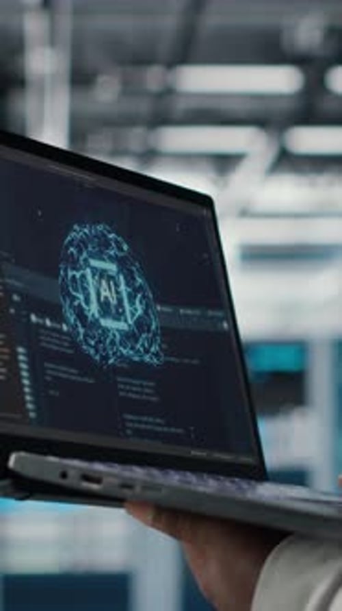 Vertical Video Close Up of Server Hub Admin Using Tablet to Do Infrastructure AI Automatization
