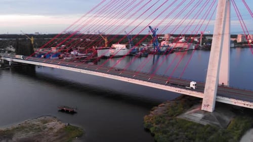 Aerial pan shot of Cable-Stayed Bridge On Motława River In Gdansk, Poland