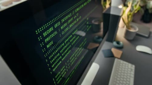 Código de software verde em execução na tela do computador na mesa cinza com teclado branco