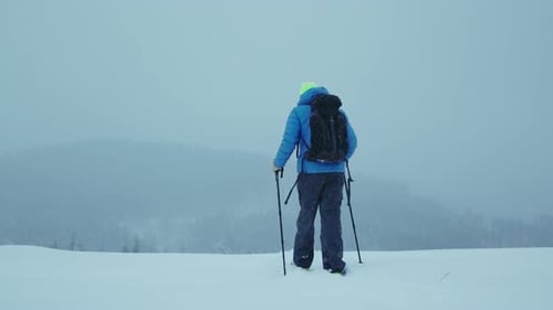 Close Up Shot Back Young Man with Backpack Walk Alone in the Winter Mountains Feel Freedom in Forest