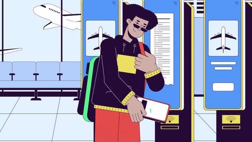 Animated Character Checking In at Airport Kiosk with Smartphone