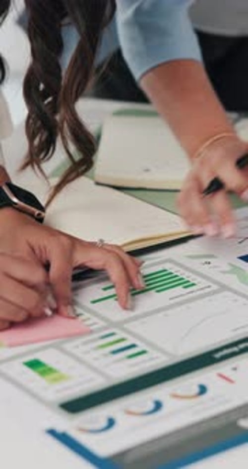 Data analysis, sticky note and hands of people in office, track sales profit