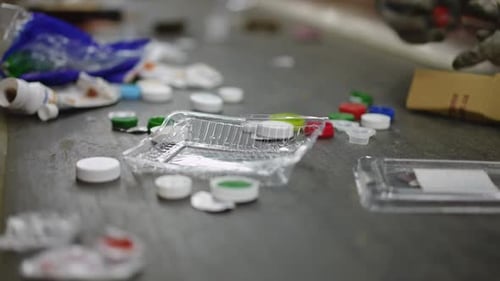 Recycling Worker Sorting Plastics on Conveyor Belt
