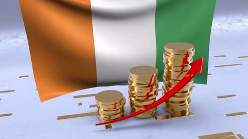 Cote D'ivoire Flag With Gold Coins Tower And Up Arrow