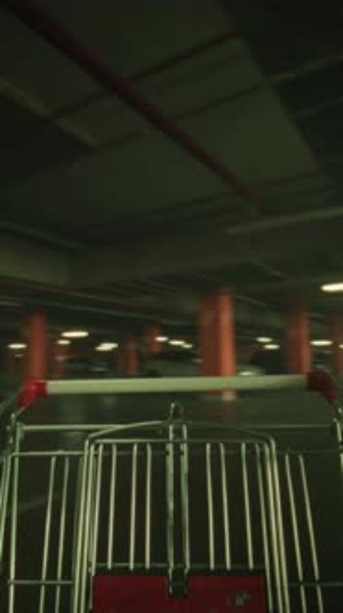 Urban Parking Lot at Night with Moving Shopping Cart Shopping Cart Smoothly Glides Past Brightly Lit