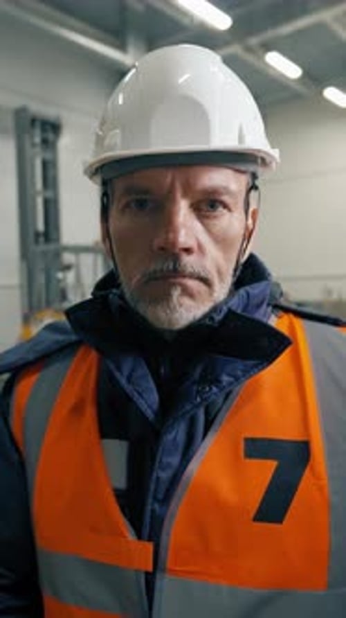 Vertical d'un homme en uniforme écoute un intervieweur regardant la caméra