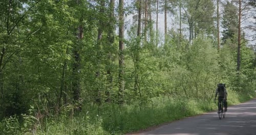 Cyclist Rides Past Camera on Forest Road at Speed