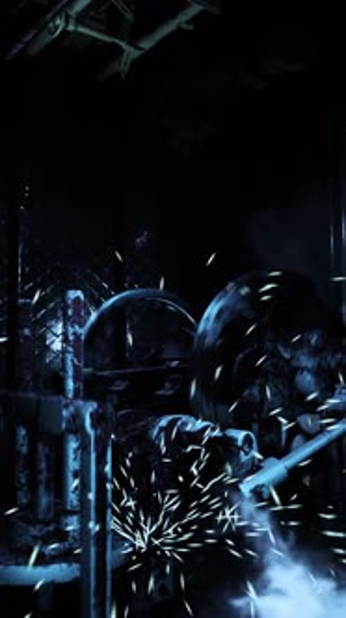 Powerful Machinery in a Dynamic Engine Room Filled with Sparks and Motion