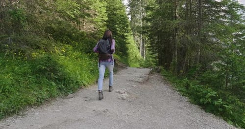 A woman goes trekking to the lake and walks through woods, mountains and looks for a place to put
