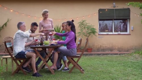 Friends Enjoying Outdoor Meal Together in Garden