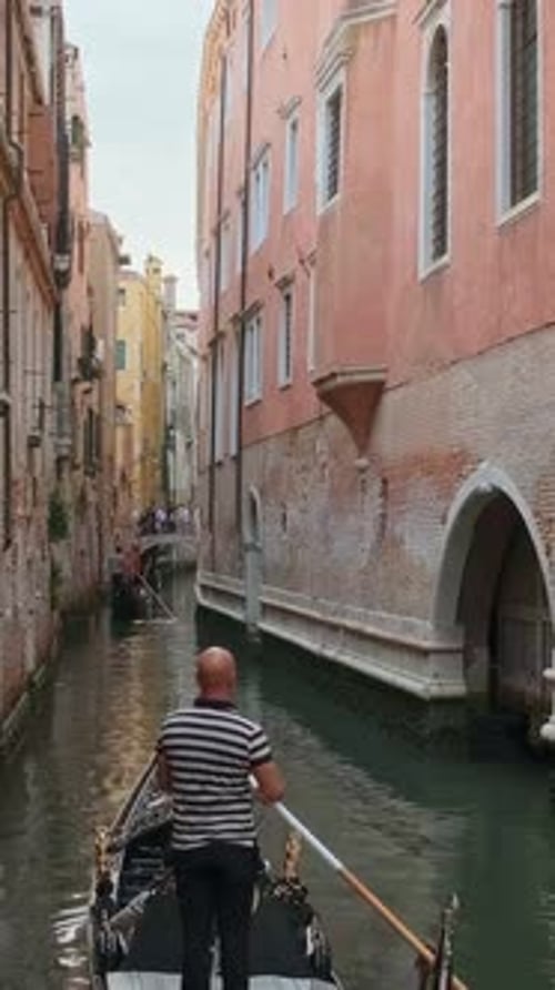 Gondola Go Down Canal at Day Venice Italy Gondolier Navigate Boat Tourists Enjoy Ride and Take