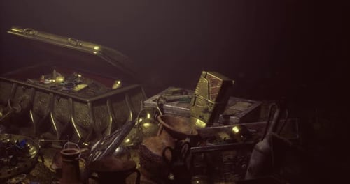 Ancient Golden Treasure Pile with Chests and Artifacts