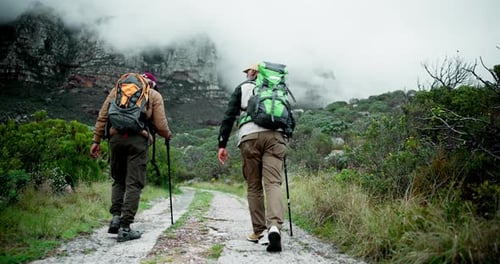 Homme mûr, amis et randonnée avec bâton en montagne pour le fitness et l'aventure