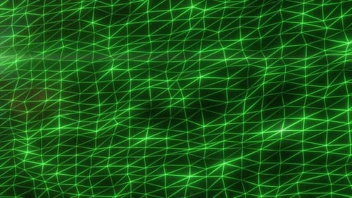 Leuchtend grünes digitales Netz aus miteinander verbundenen Dreiecken, die ein abstraktes futuristisches Netzwerk bilden
