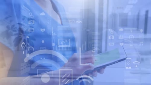 Animation of medical data processing and and digital icons over female nurse using tablet