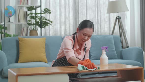 Angry Asian Female Housekeeper With An Apron Cleaning The Table By The ...