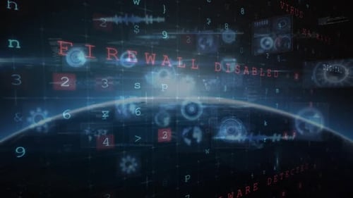 Animation of cyber attack warning, scopes scanning and data processing over globe