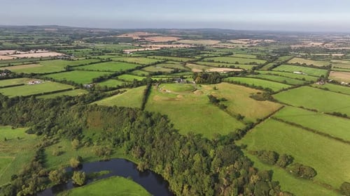 Knowth, Irealand. World heritage, ancient monument. Birds eye view over river Boyne.