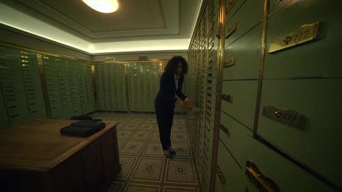 Businesswoman Entering Bank Safe Vault Room Storing Silver Bullion Deposit